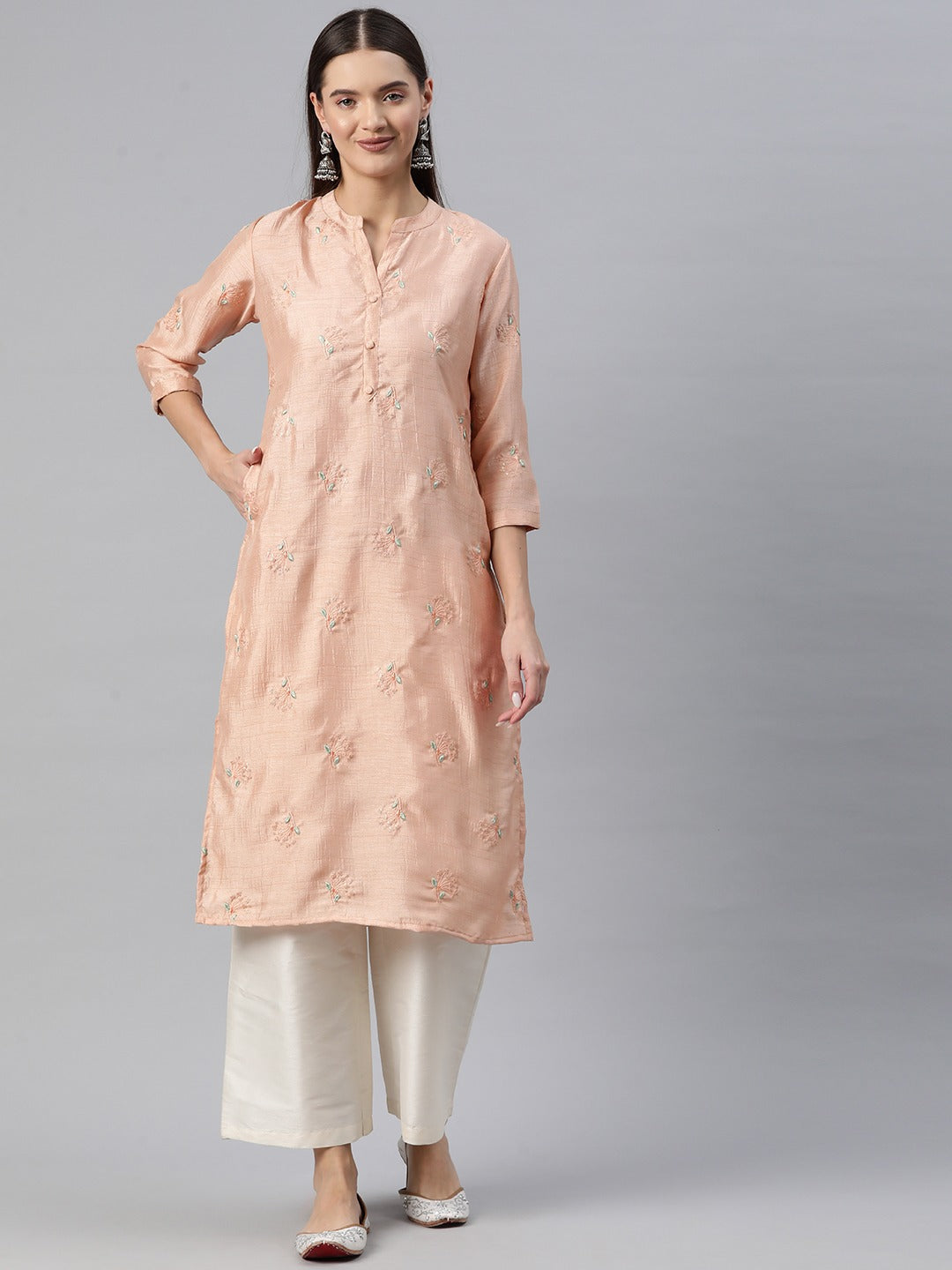 Straight Style Silk Fabric Peach Color Kurti