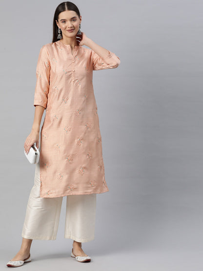 Straight Style Silk Fabric Peach Color Kurti