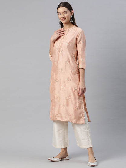 Straight Style Silk Fabric Peach Color Kurti