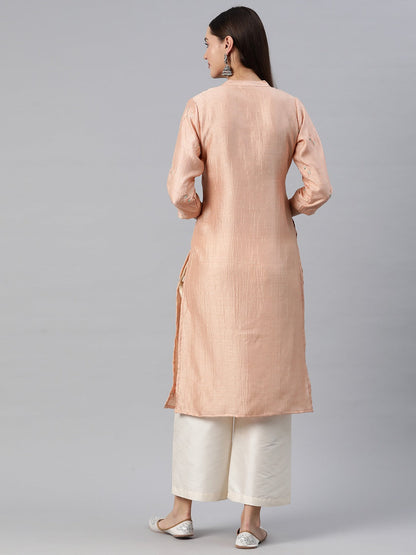 Straight Style Silk Fabric Peach Color Kurti
