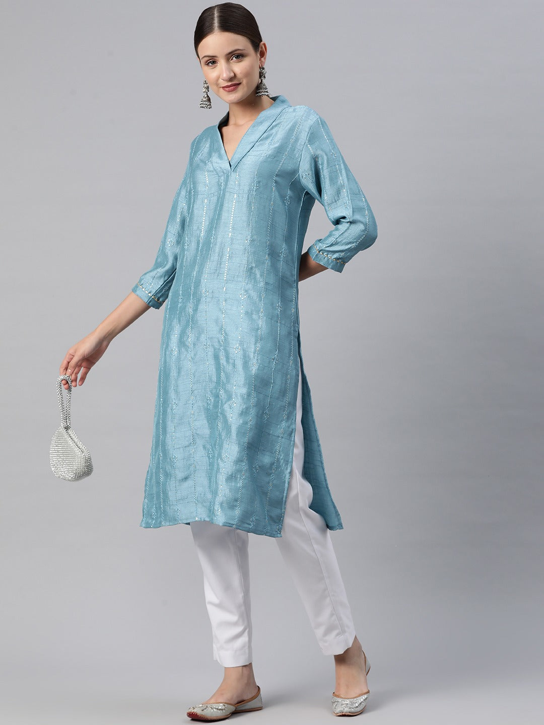 Straight Style Silk Fabric Blue Color Kurti