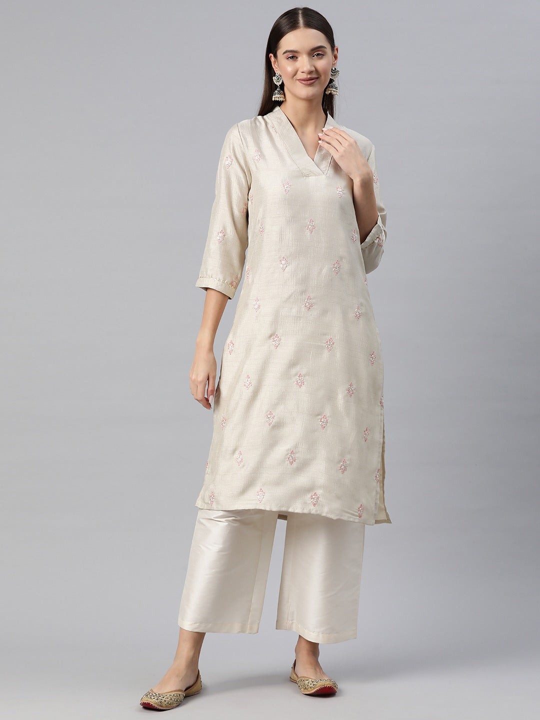 Straight Style Silk Fabric Grey Color Kurti