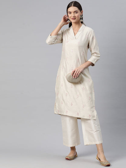 Straight Style Silk Fabric Grey Color Kurti