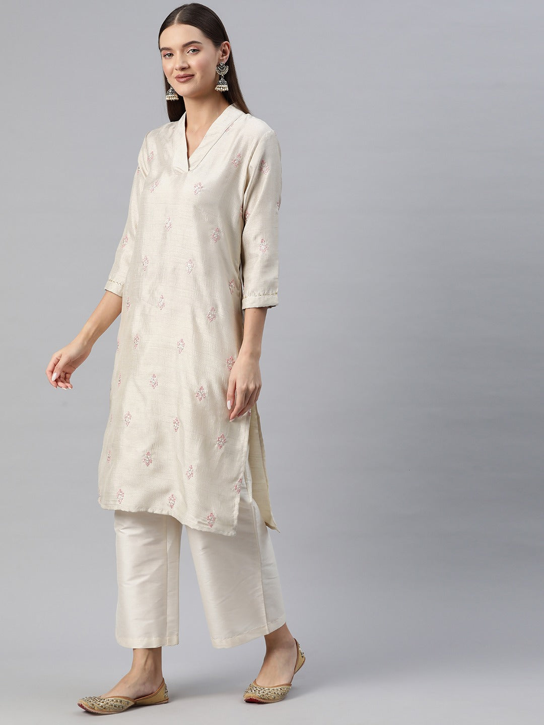 Straight Style Silk Fabric Grey Color Kurti