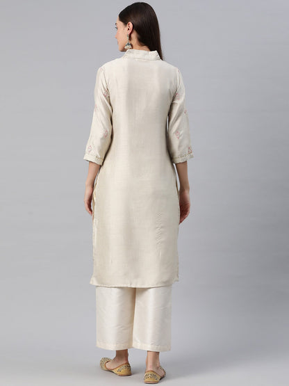 Straight Style Silk Fabric Grey Color Kurti