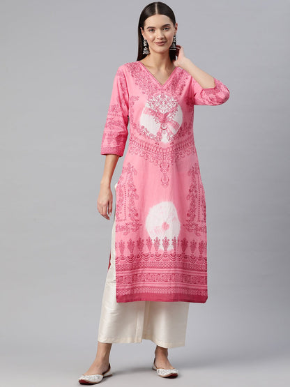 Straight Style Cotton Fabric Peach Color Kurta