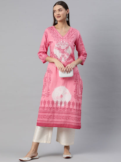 Straight Style Cotton Fabric Peach Color Kurta