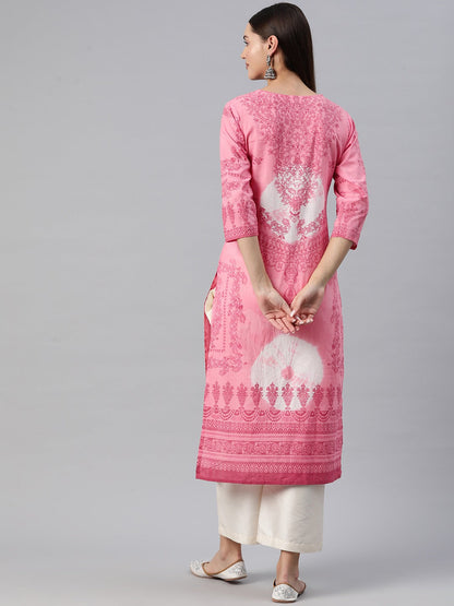 Straight Style Cotton Fabric Peach Color Kurta
