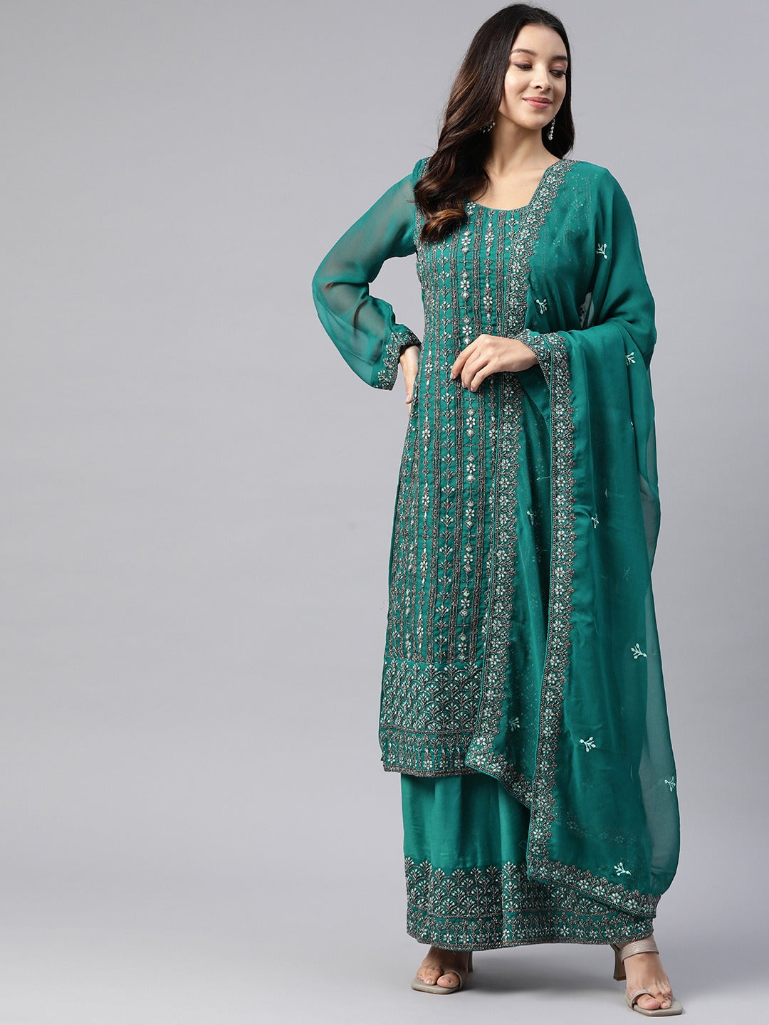 Pakistani Style Georgette Fabric Green Color Kurti With Bottom And Dupatta