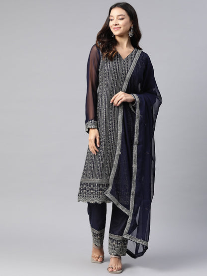 Pakistani Style Georgette Fabric Blue Color Kurti With Bottom And Dupatta