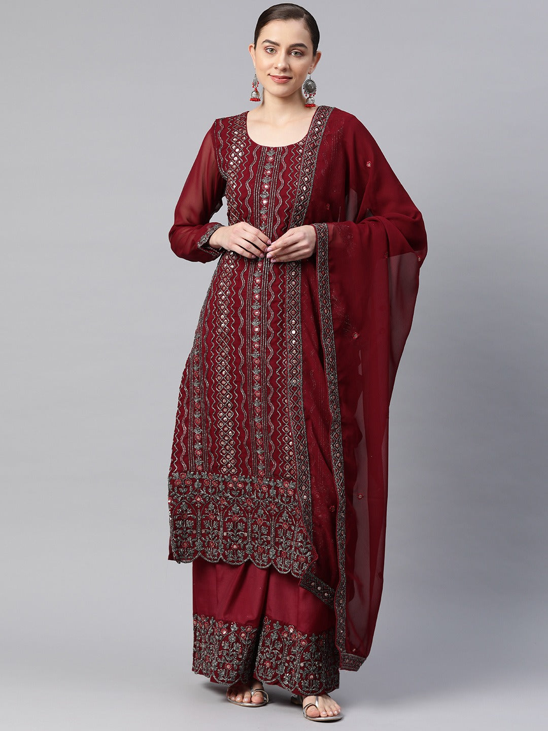 Pakistani Style Georgette Fabric Maroon Color Kurti With Bottom And Dupatta