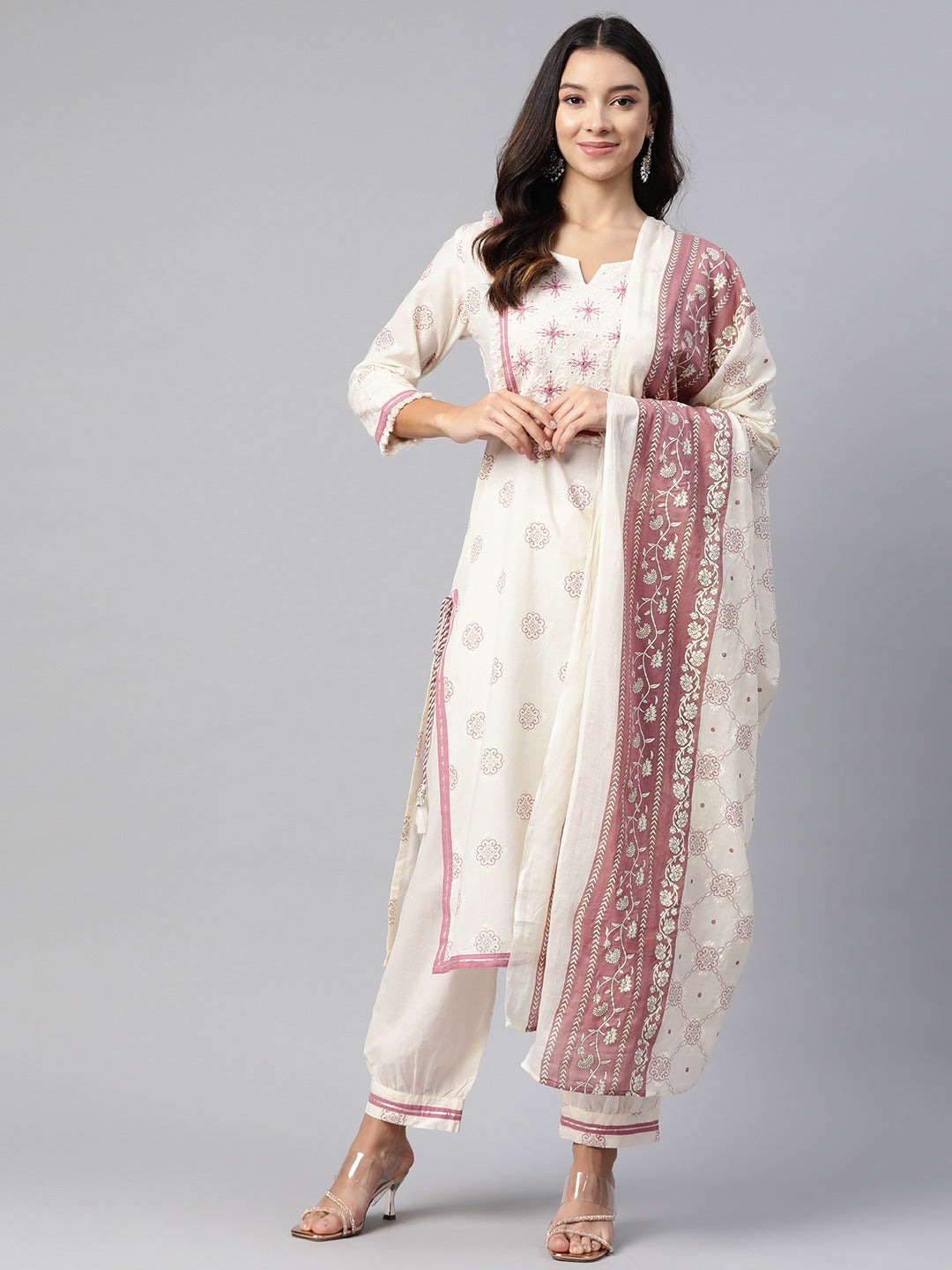 Straight Style Cotton Fabric Cream Color Kurta And Bottom With Dupatta