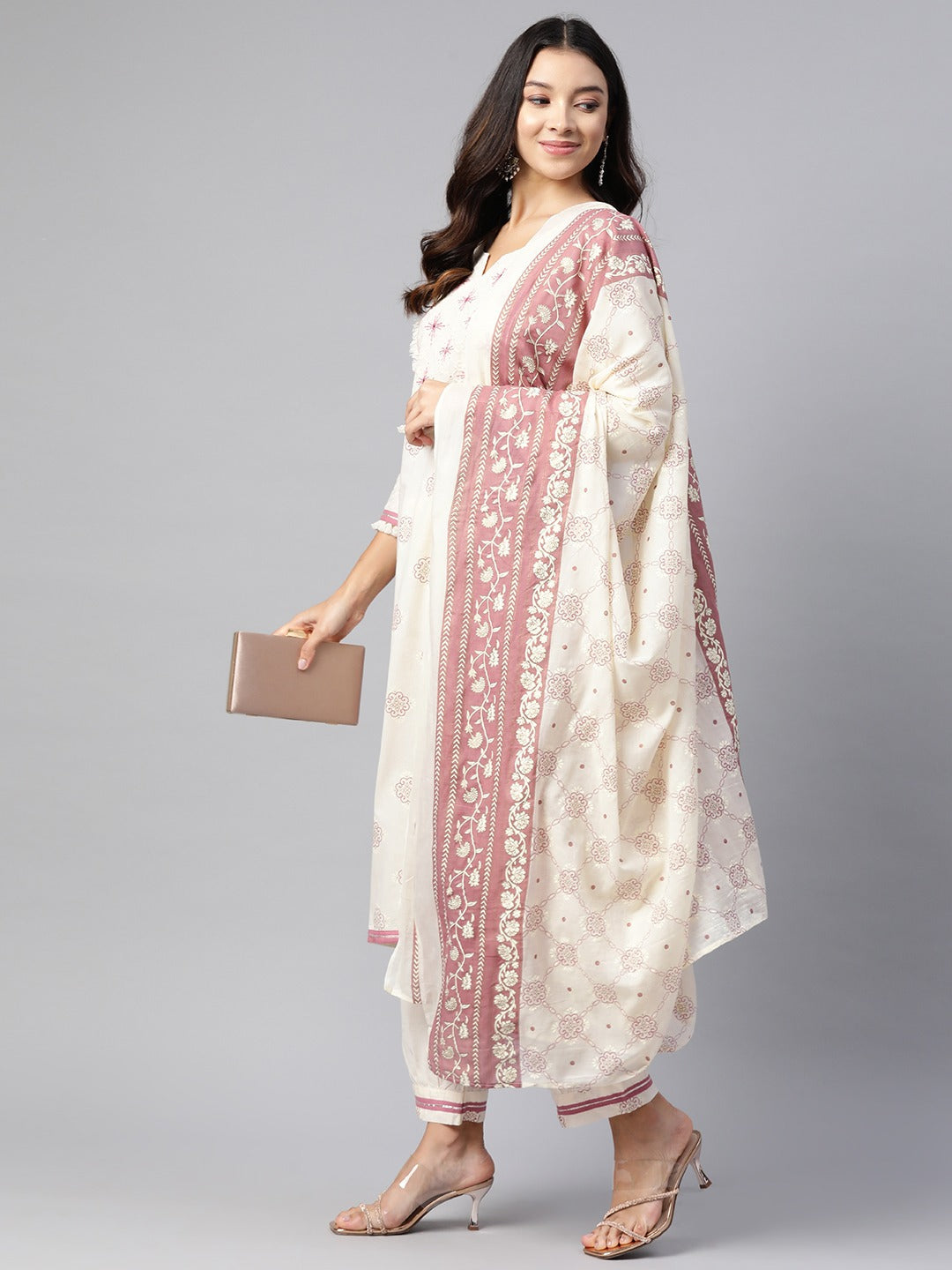 Straight Style Cotton Fabric Cream Color Kurta And Bottom With Dupatta