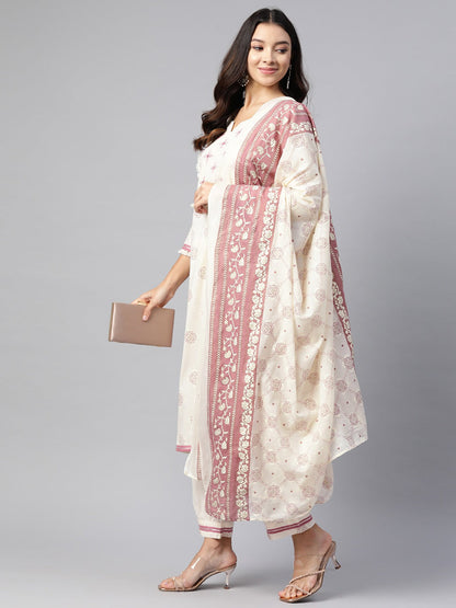 Straight Style Cotton Fabric Cream Color Kurta And Bottom With Dupatta