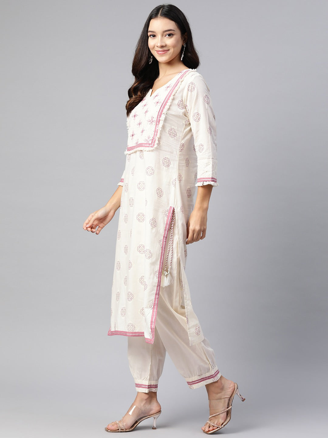 Straight Style Cotton Fabric Cream Color Kurta And Bottom With Dupatta