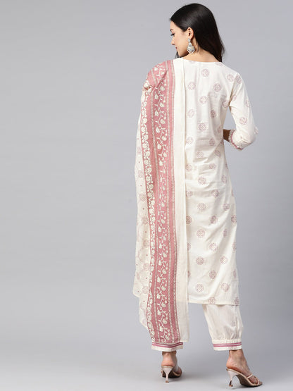 Straight Style Cotton Fabric Cream Color Kurta And Bottom With Dupatta