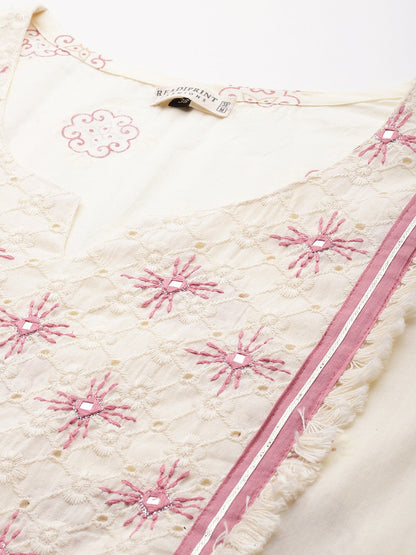 Straight Style Cotton Fabric Cream Color Kurta And Bottom With Dupatta