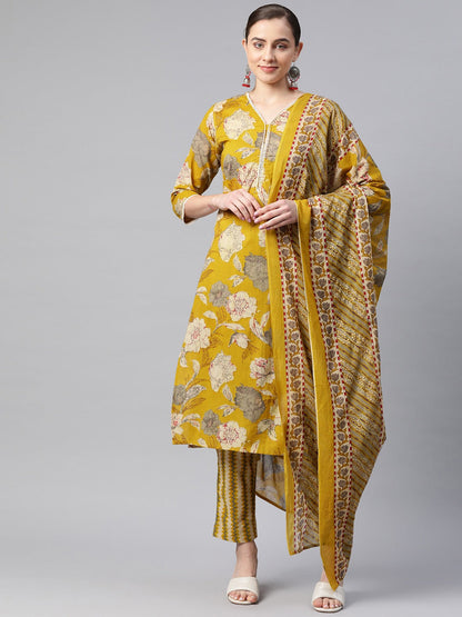 Straight Style Cotton Fabric Mustard Color Kurta And Bottom With Dupatta