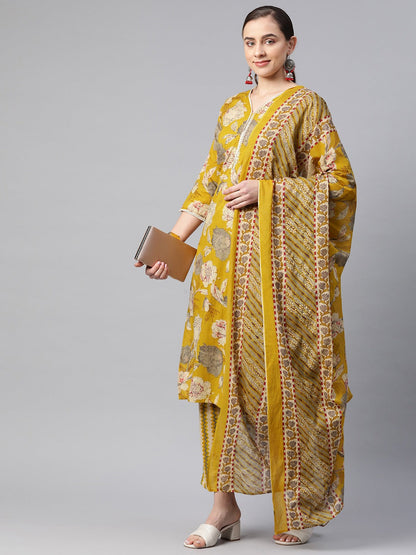 Straight Style Cotton Fabric Mustard Color Kurta And Bottom With Dupatta
