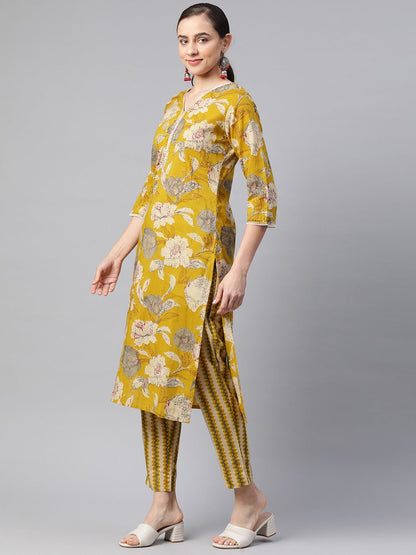 Straight Style Cotton Fabric Mustard Color Kurta And Bottom With Dupatta