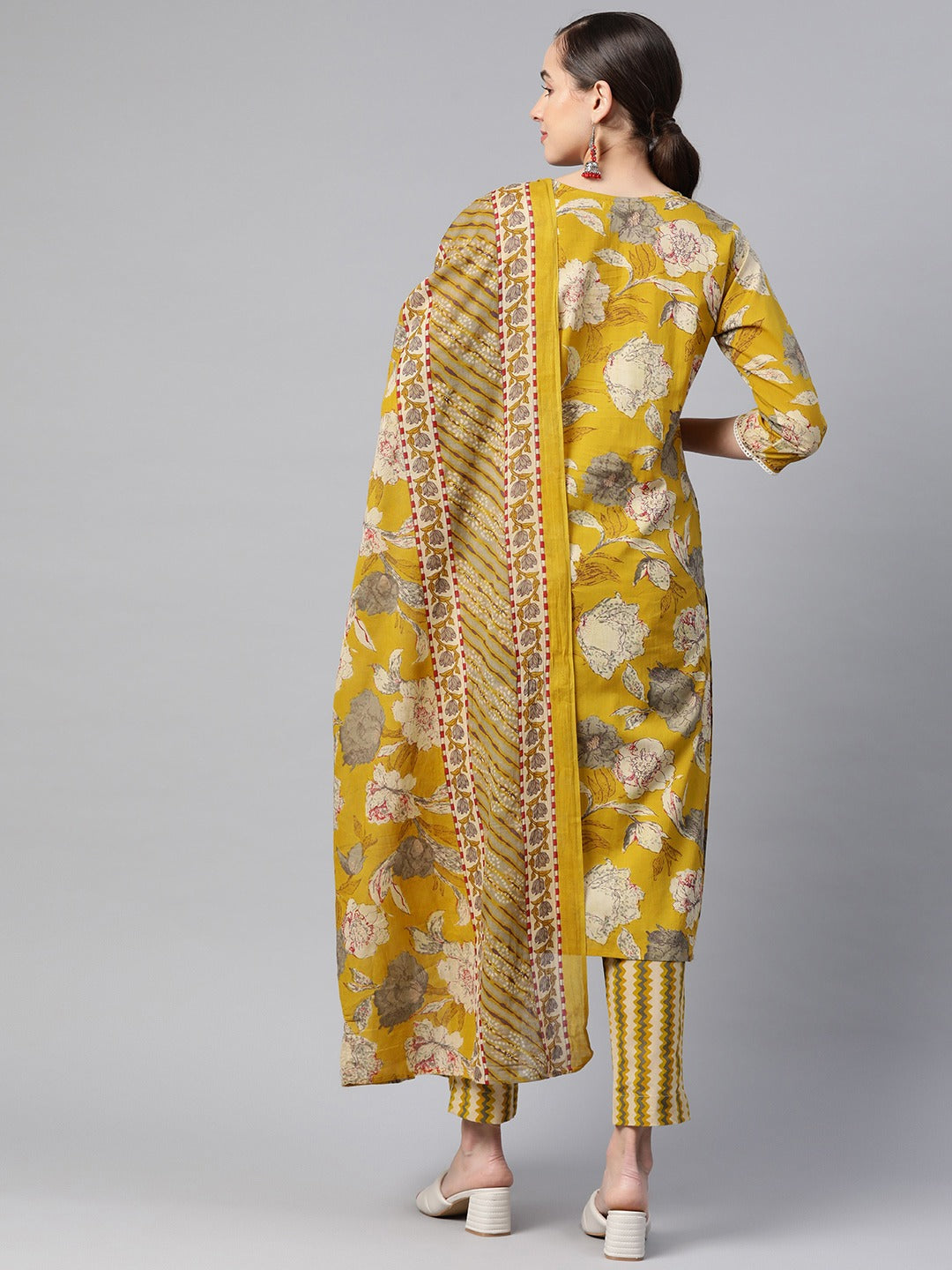 Straight Style Cotton Fabric Mustard Color Kurta And Bottom With Dupatta