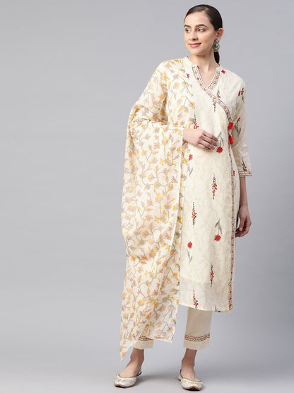 A Line Style Cotton Fabric Cream And Red Color Kurta And Bottom With Dupatta