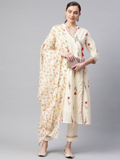 A Line Style Cotton Fabric Cream And Red Color Kurta And Bottom With Dupatta