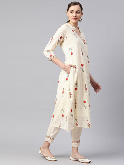 A Line Style Cotton Fabric Cream And Red Color Kurta And Bottom With Dupatta