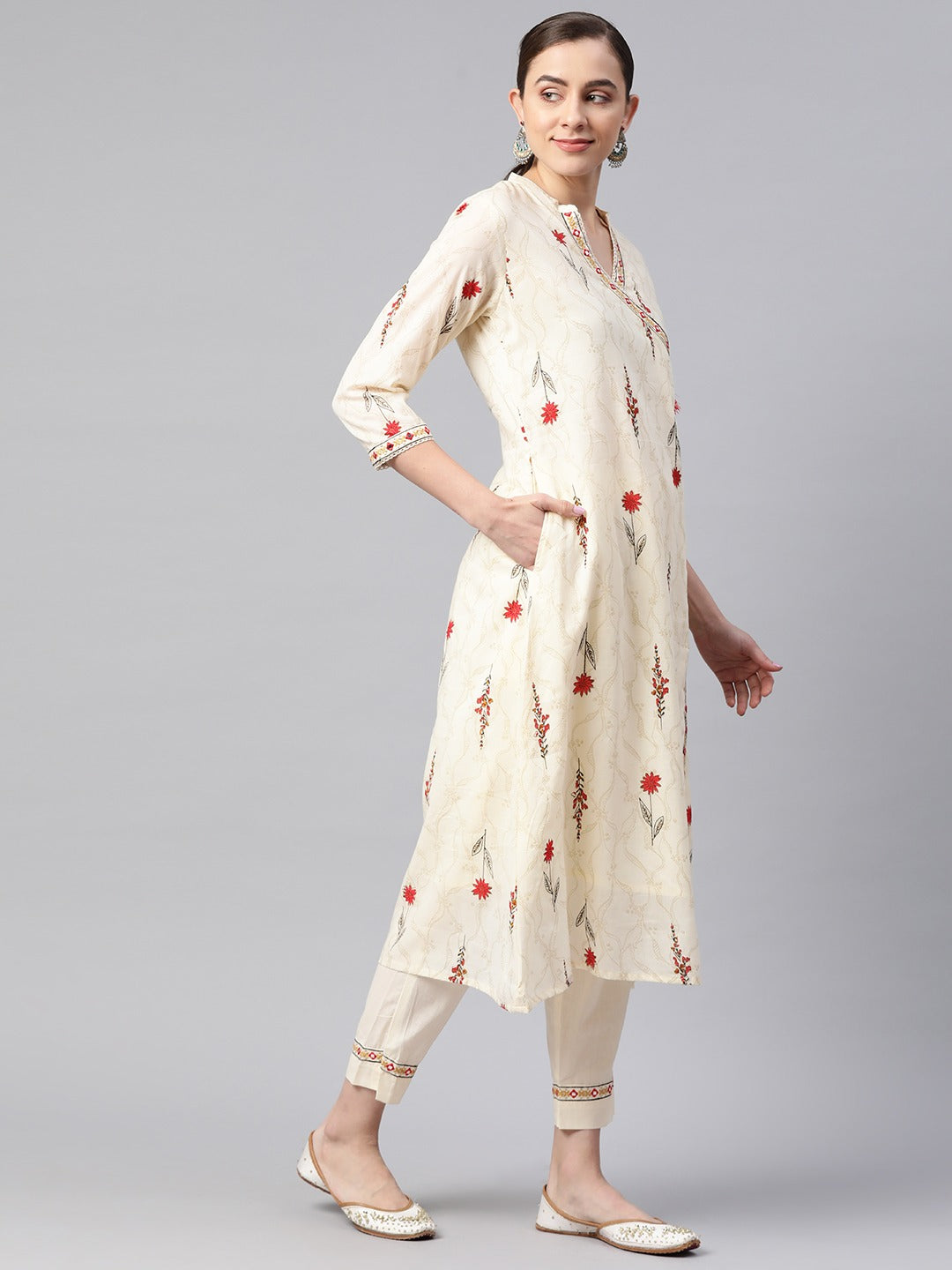 A Line Style Cotton Fabric Cream And Red Color Kurta And Bottom With Dupatta