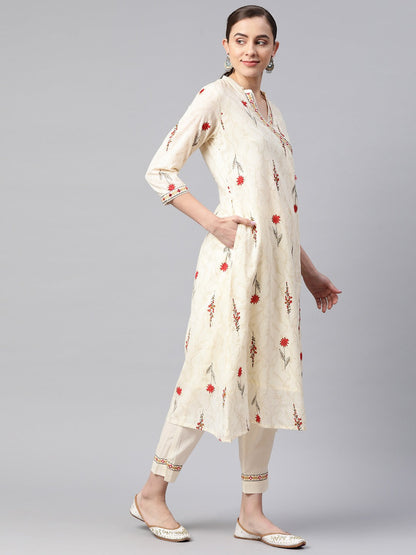 A Line Style Cotton Fabric Cream And Red Color Kurta And Bottom With Dupatta