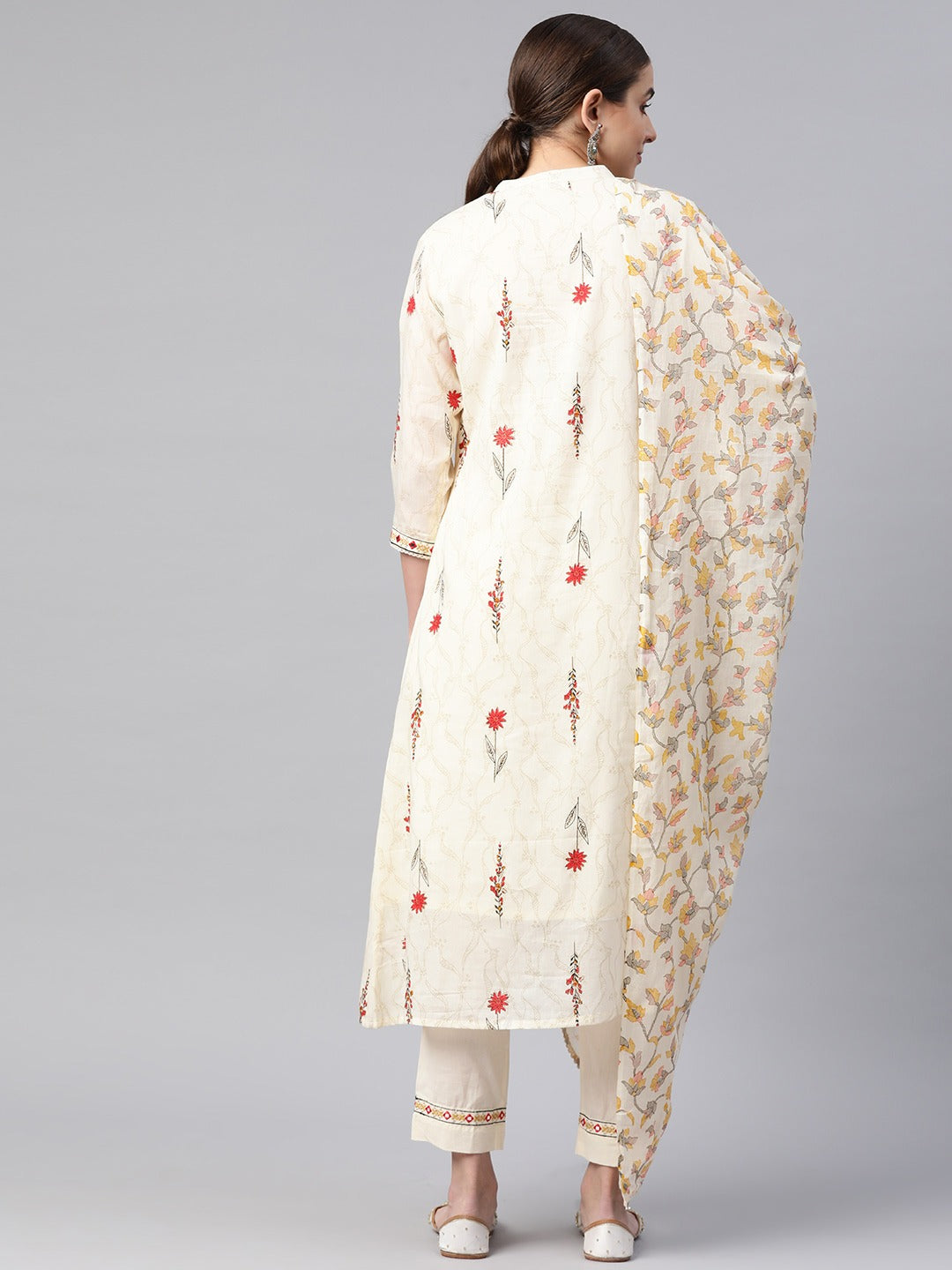 A Line Style Cotton Fabric Cream And Red Color Kurta And Bottom With Dupatta