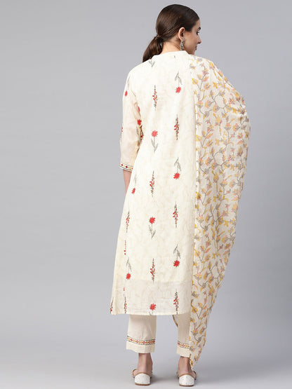 A Line Style Cotton Fabric Cream And Red Color Kurta And Bottom With Dupatta