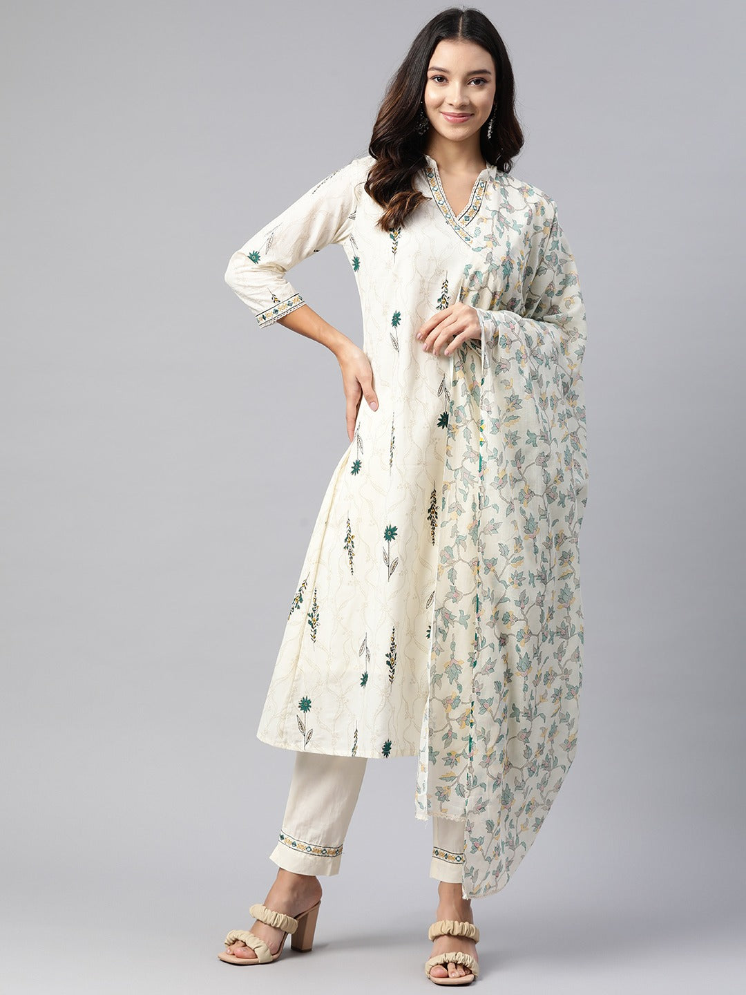 A Line Style Cotton Fabric Cream And Green Color Kurta And Bottom With Dupatta