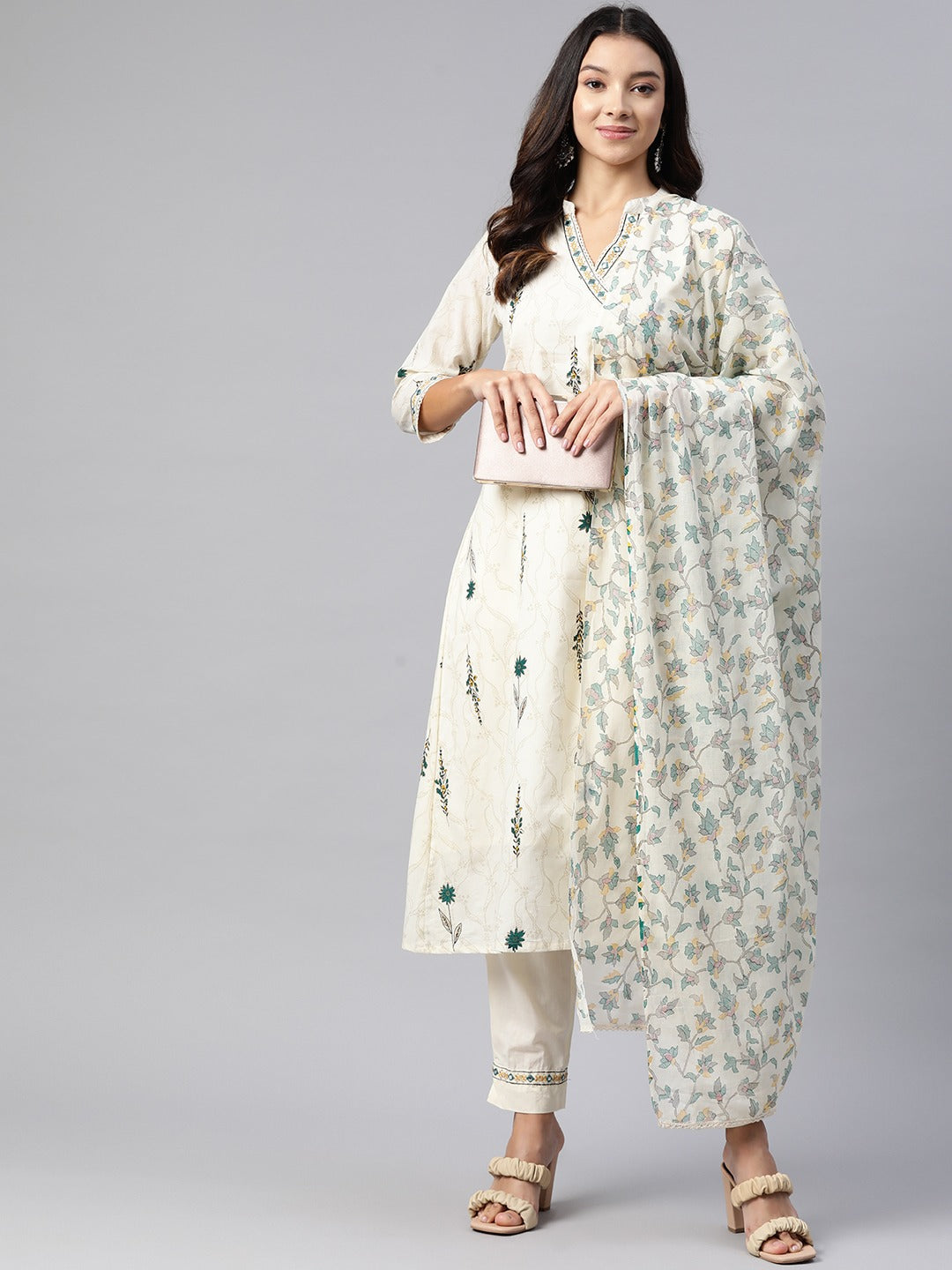 A Line Style Cotton Fabric Cream And Green Color Kurta And Bottom With Dupatta