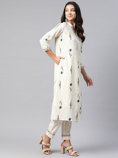 A Line Style Cotton Fabric Cream And Green Color Kurta And Bottom With Dupatta