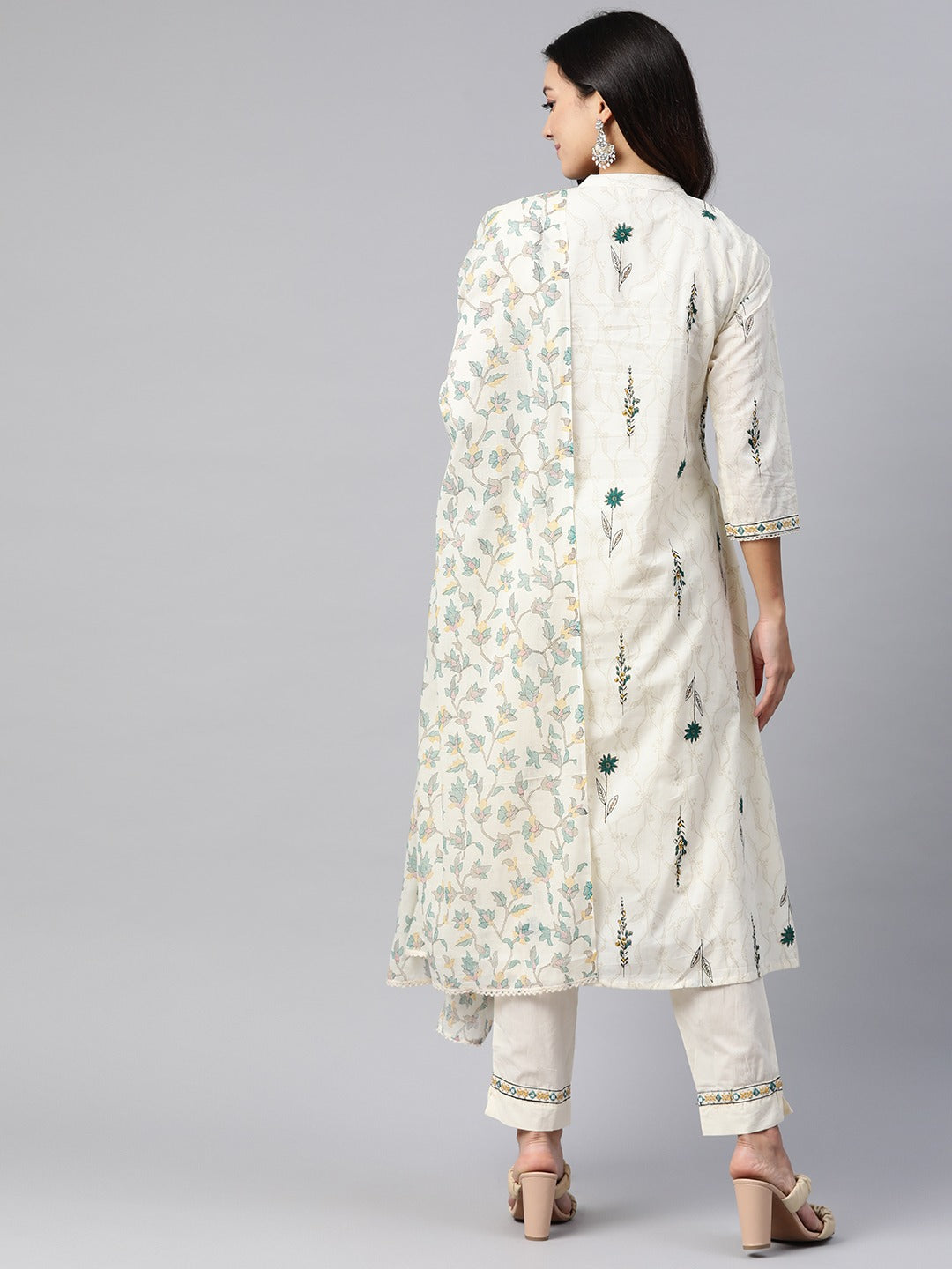 A Line Style Cotton Fabric Cream And Green Color Kurta And Bottom With Dupatta
