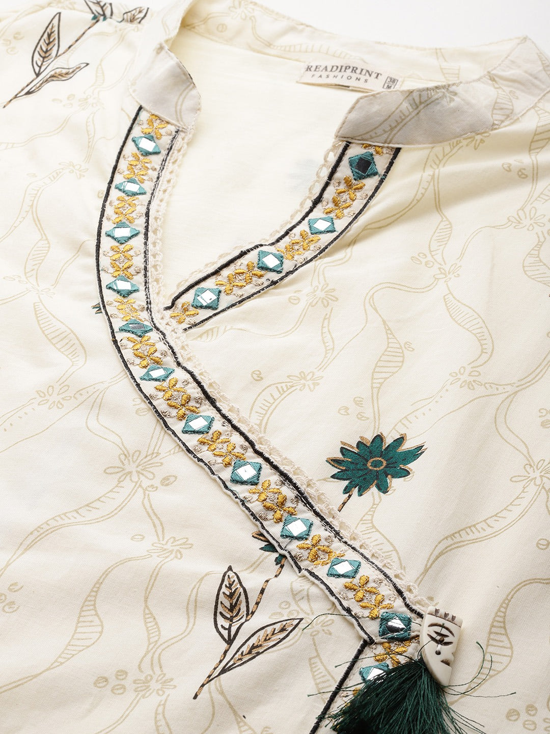 A Line Style Cotton Fabric Cream And Green Color Kurta And Bottom With Dupatta