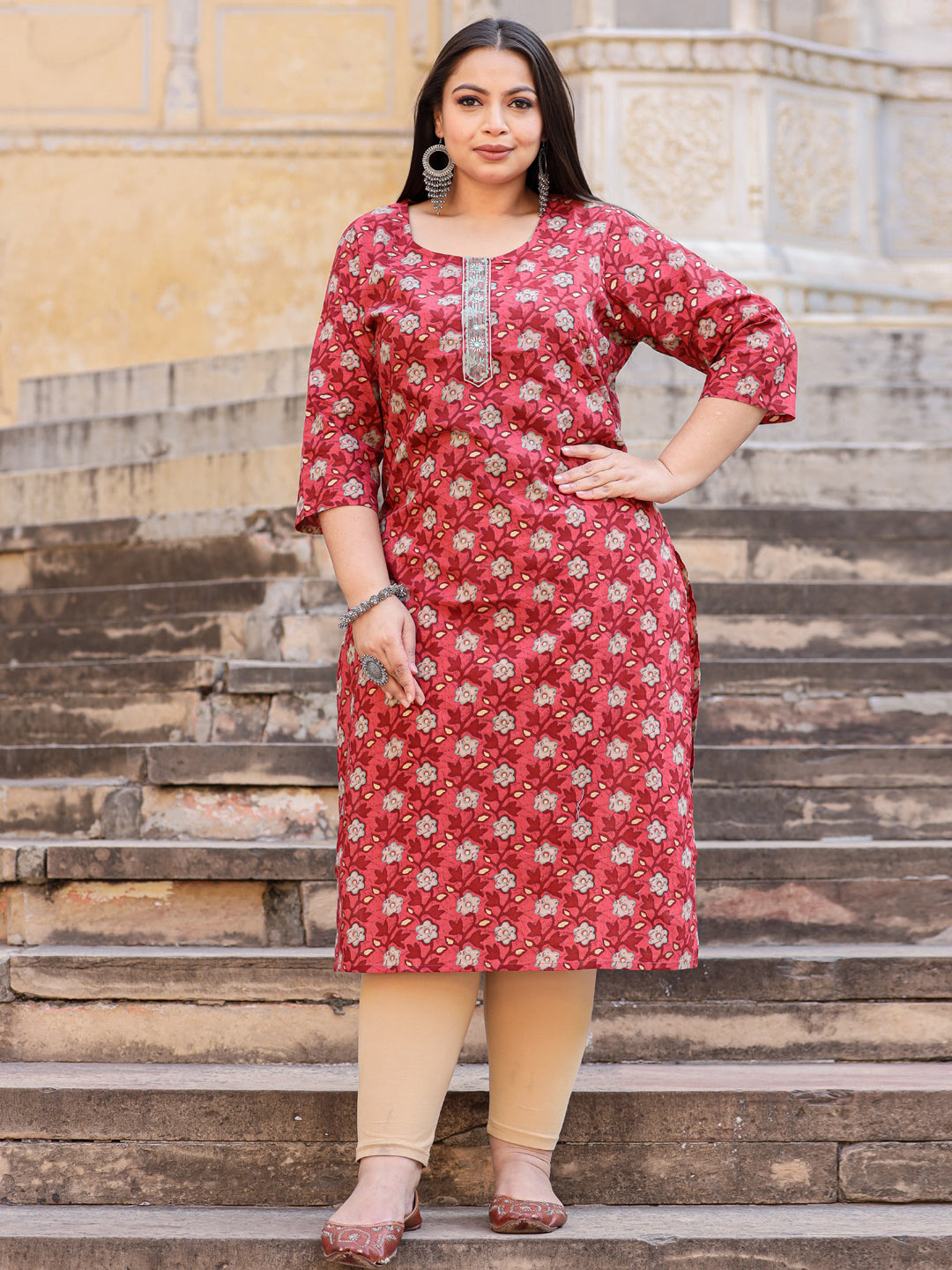 Straight Style Cotton Fabric Burgundy Color Kurta