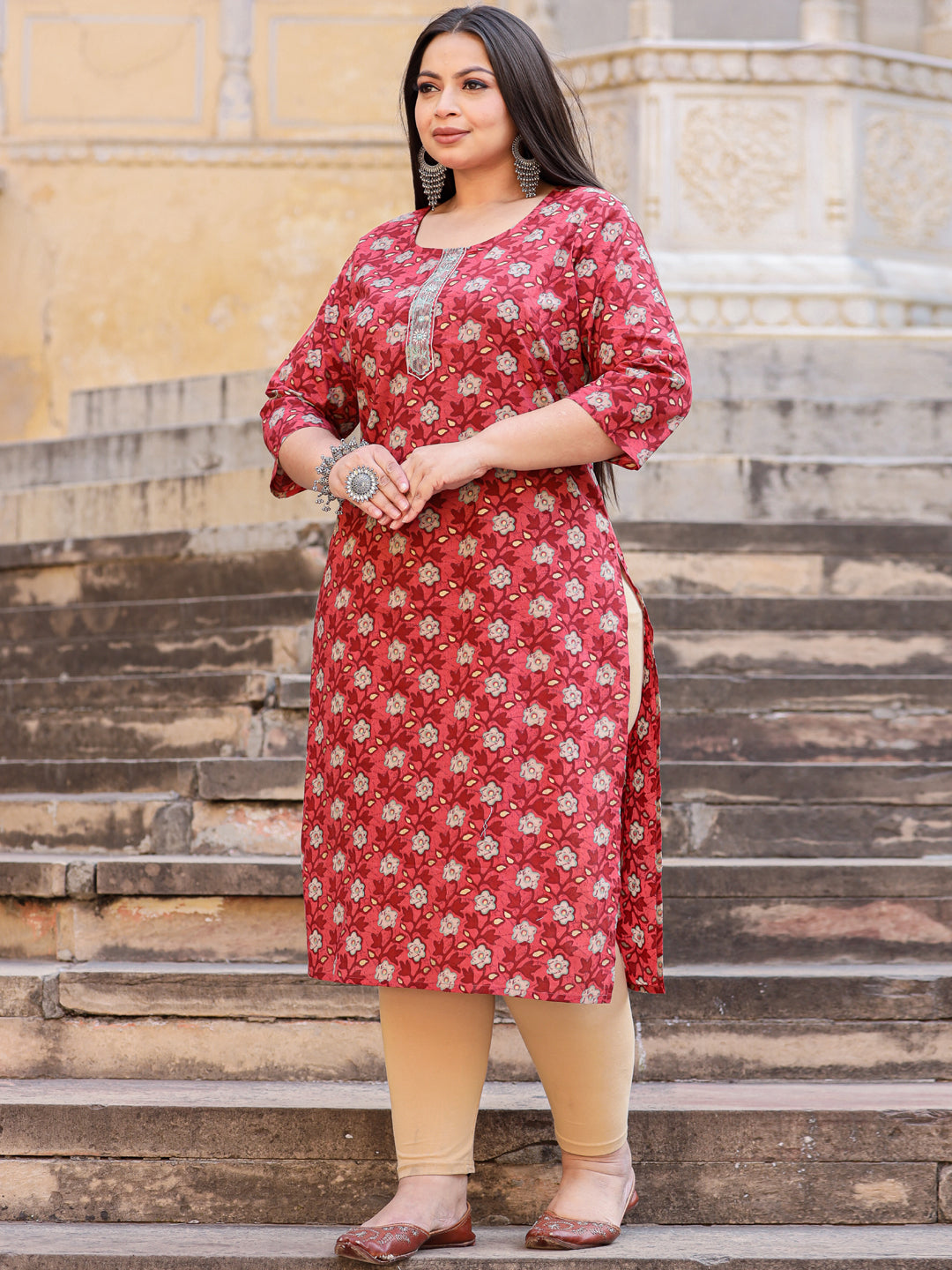 Straight Style Cotton Fabric Burgundy Color Kurta