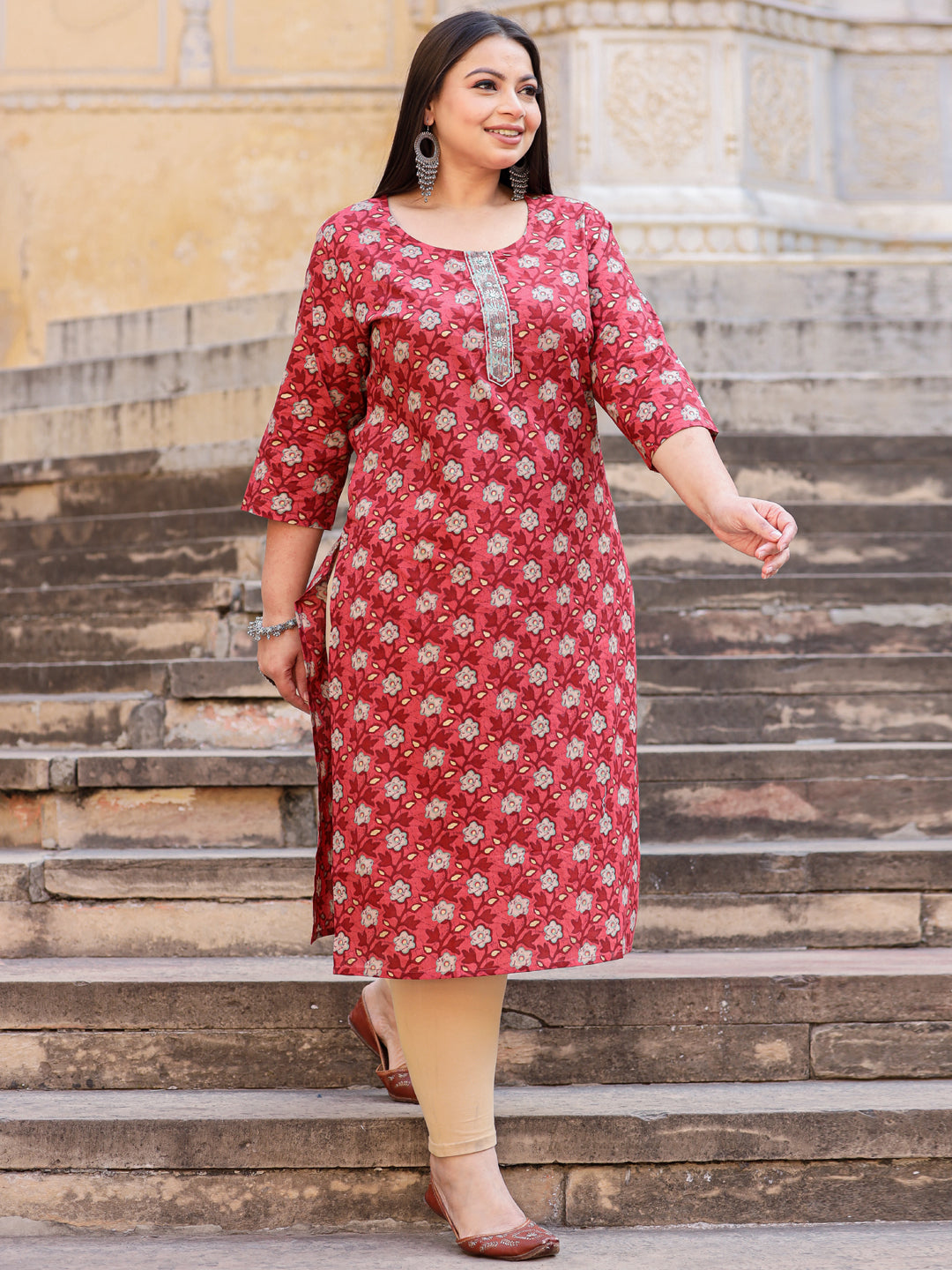 Straight Style Cotton Fabric Burgundy Color Kurta