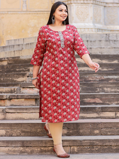 Straight Style Cotton Fabric Burgundy Color Kurta