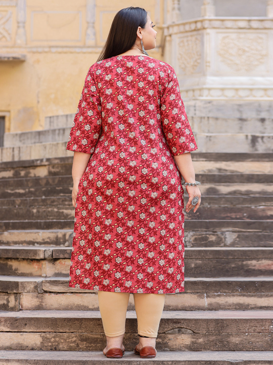 Straight Style Cotton Fabric Burgundy Color Kurta