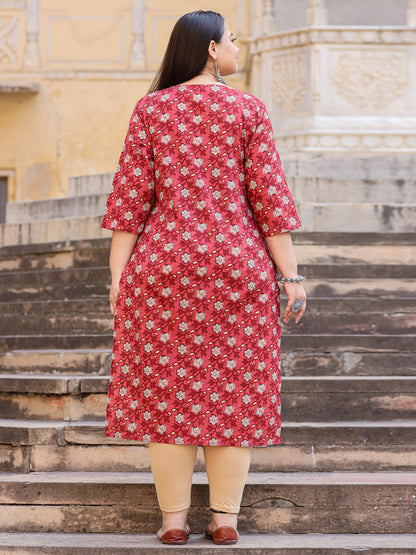 Straight Style Cotton Fabric Burgundy Color Kurta