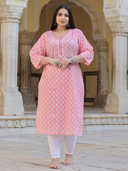 Straight Style Cotton Fabric Pink Color Kurta