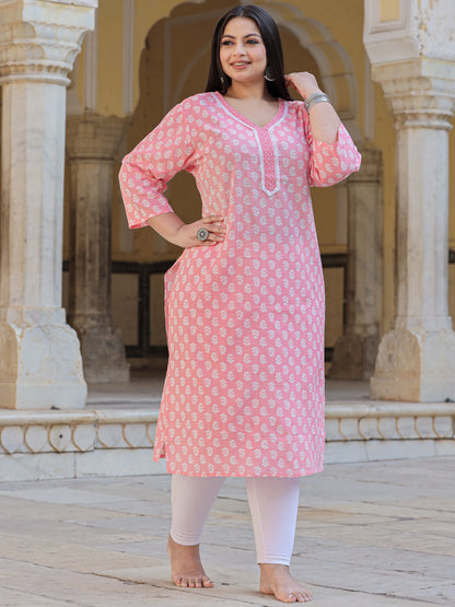 Straight Style Cotton Fabric Pink Color Kurta