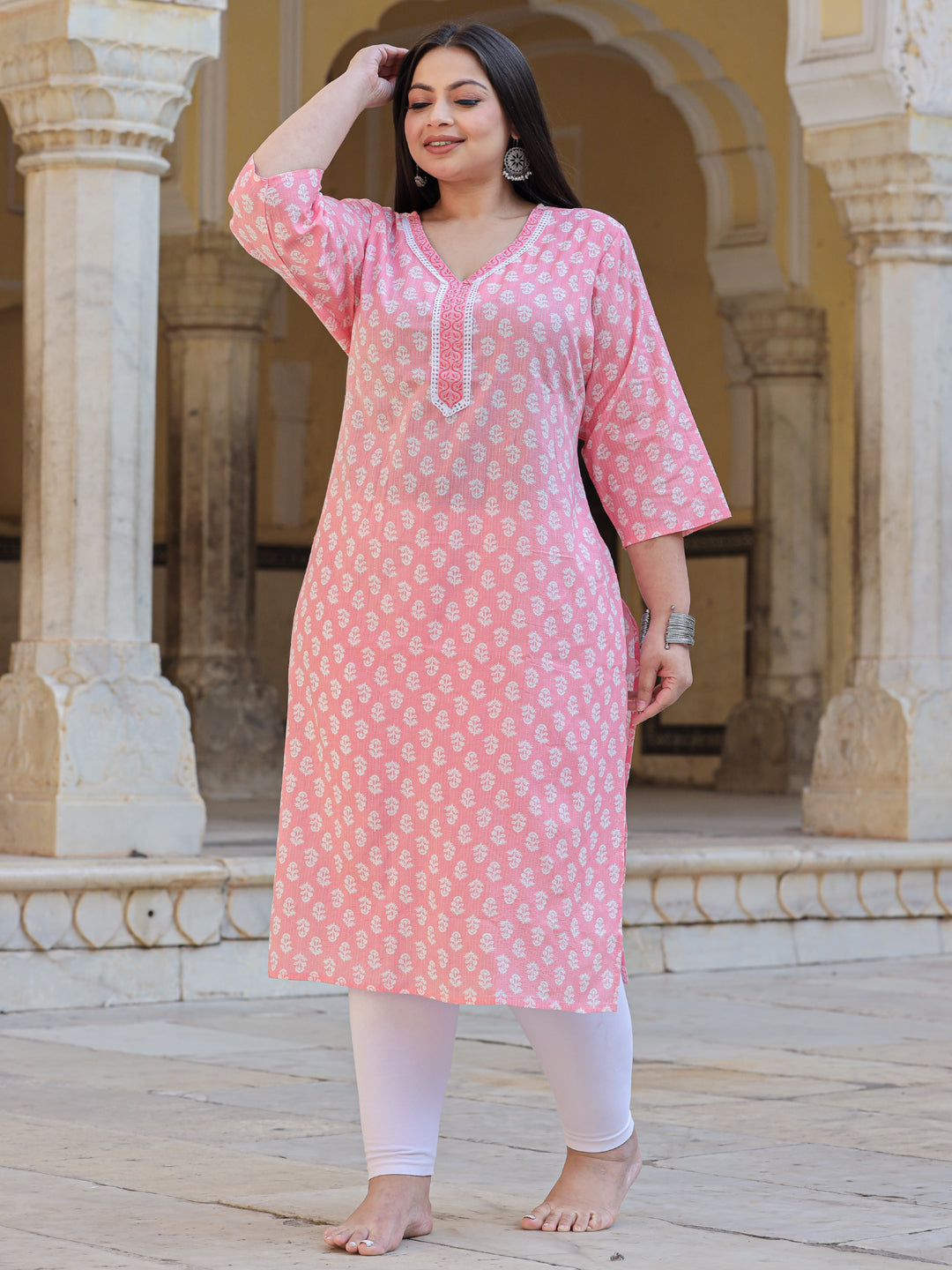 Straight Style Cotton Fabric Pink Color Kurta