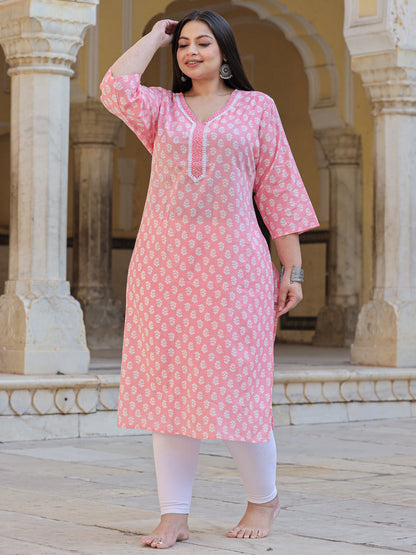 Straight Style Cotton Fabric Pink Color Kurta