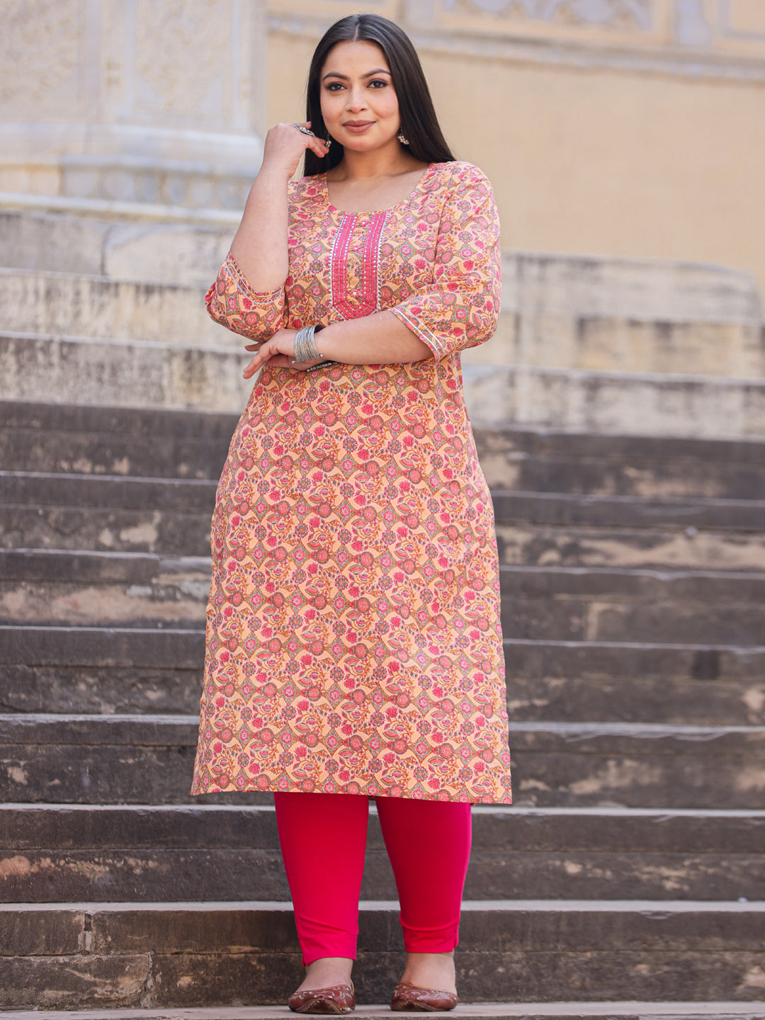 Straight Style Cotton Fabric Pink Color Kurta