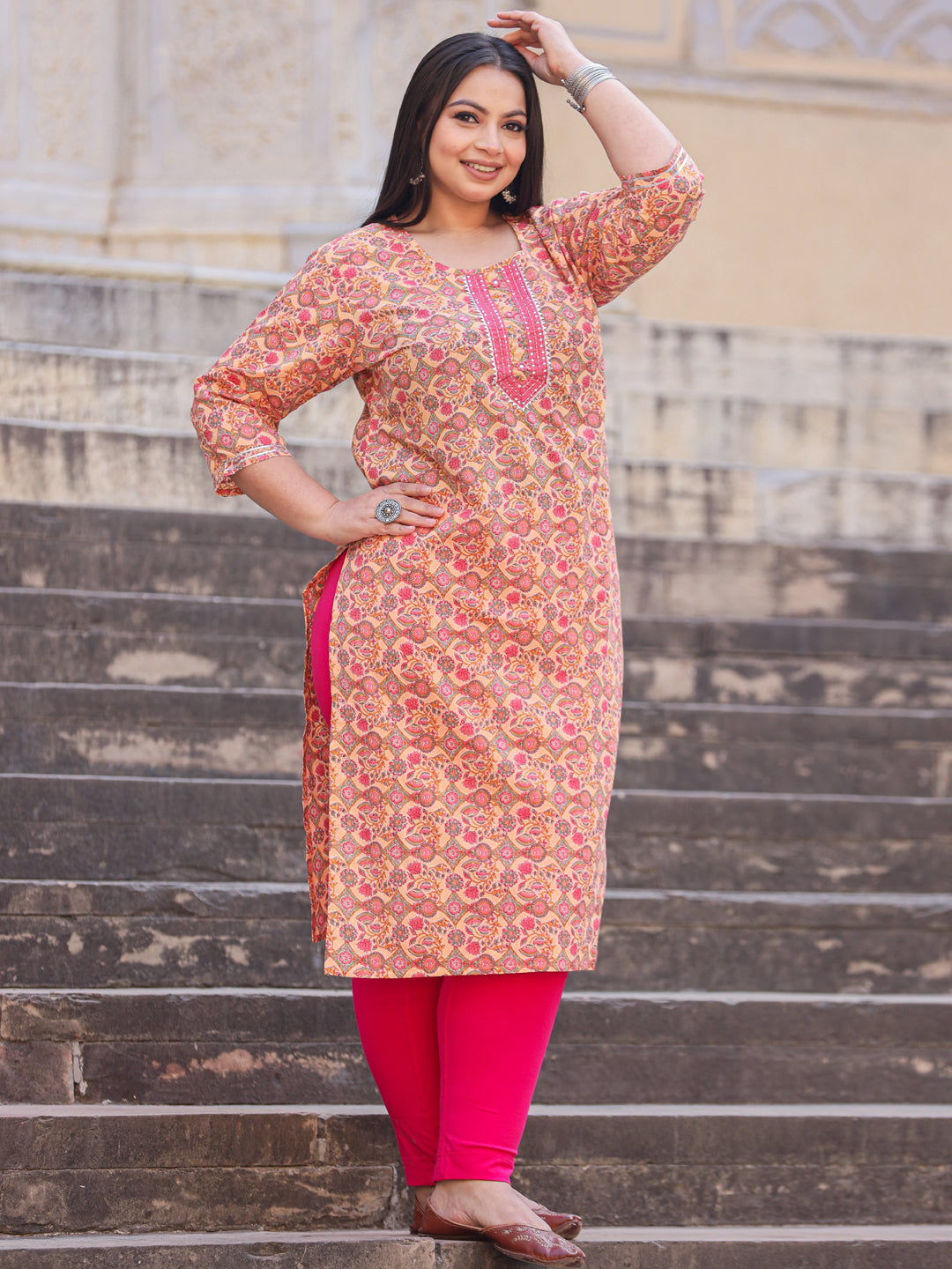 Straight Style Cotton Fabric Pink Color Kurta