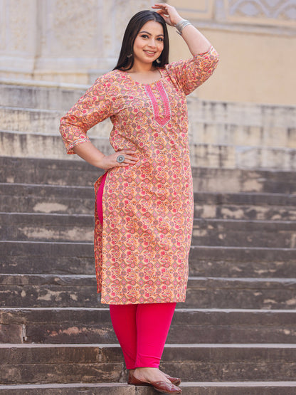 Straight Style Cotton Fabric Pink Color Kurta